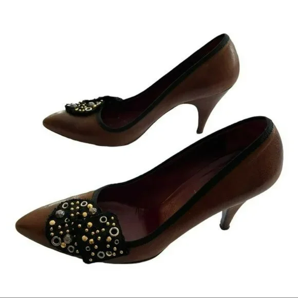 Prada Shoes Brown Embellished Pointed Heels Size 38.5 US 8.5 - Picture 4 of 6